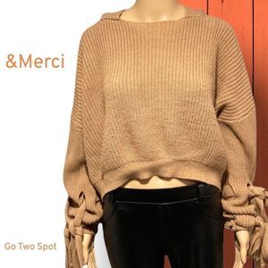 &Merci Long Tie Sleeve Tight Knit Hooded Sweater Beige Size S